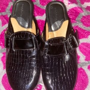 Black Patent Leather Croc Clogs